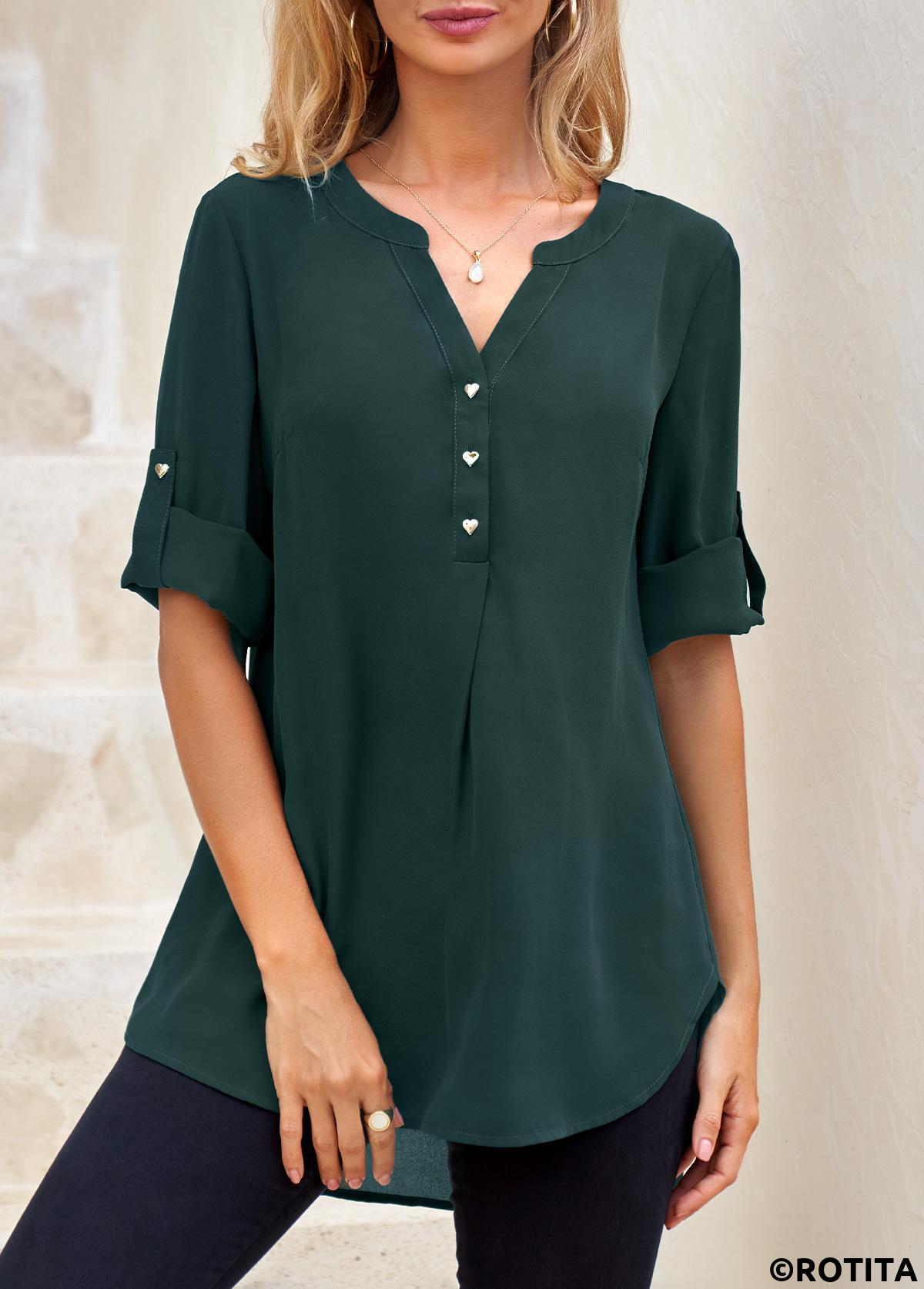 Blackish Green tops,Plain Color tops,ROTITA Split Neck Heart Shape Button Blackish Green Blouse