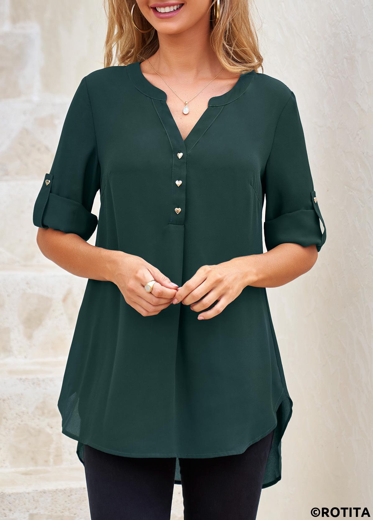 Blackish Green tops,Plain Color tops,ROTITA Split Neck Heart Shape Button Blackish Green Blouse
