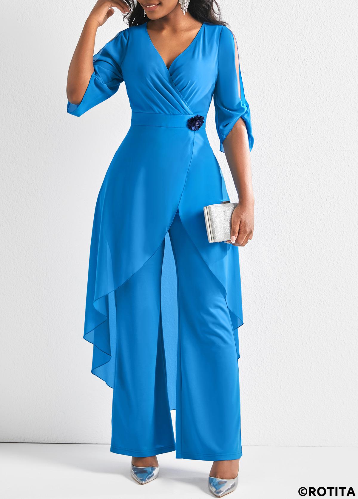 Light Blue jumpsuits&rompers,Plain Color jumpsuits&rompers,ROTITA Lightweight Light Blue Long Straight Leg V Neck Jumpsuit