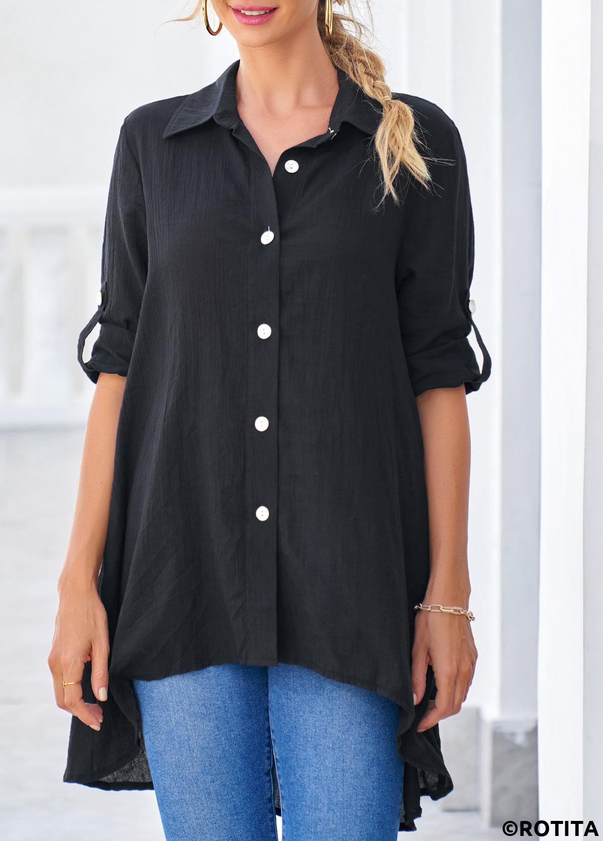 Black tops,Plain Color tops,ROTITA Dip Hem Black Roll Tab Sleeve Button Up Blouse