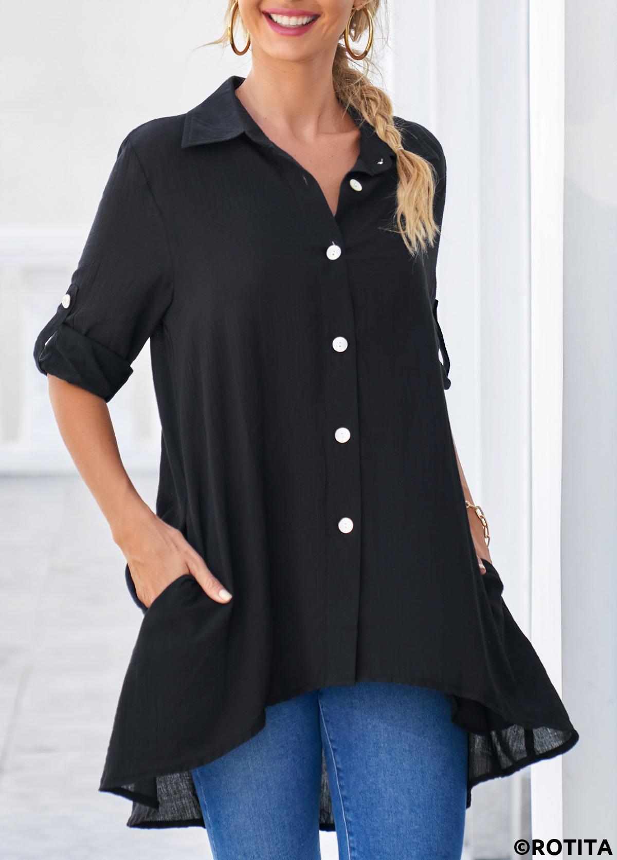 Black tops,Plain Color tops,ROTITA Dip Hem Black Roll Tab Sleeve Button Up Blouse
