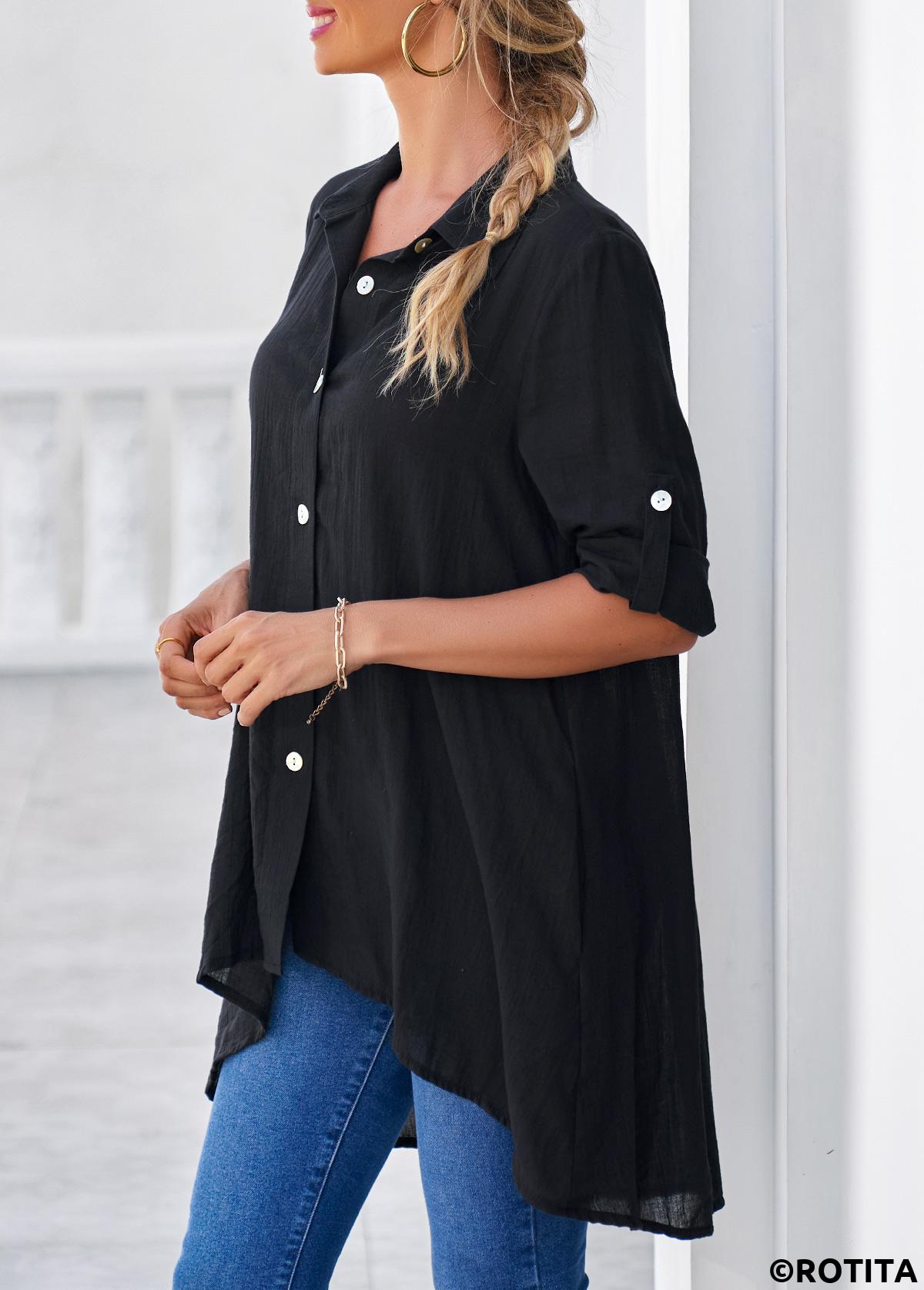 Black tops,Plain Color tops,ROTITA Dip Hem Black Roll Tab Sleeve Button Up Blouse