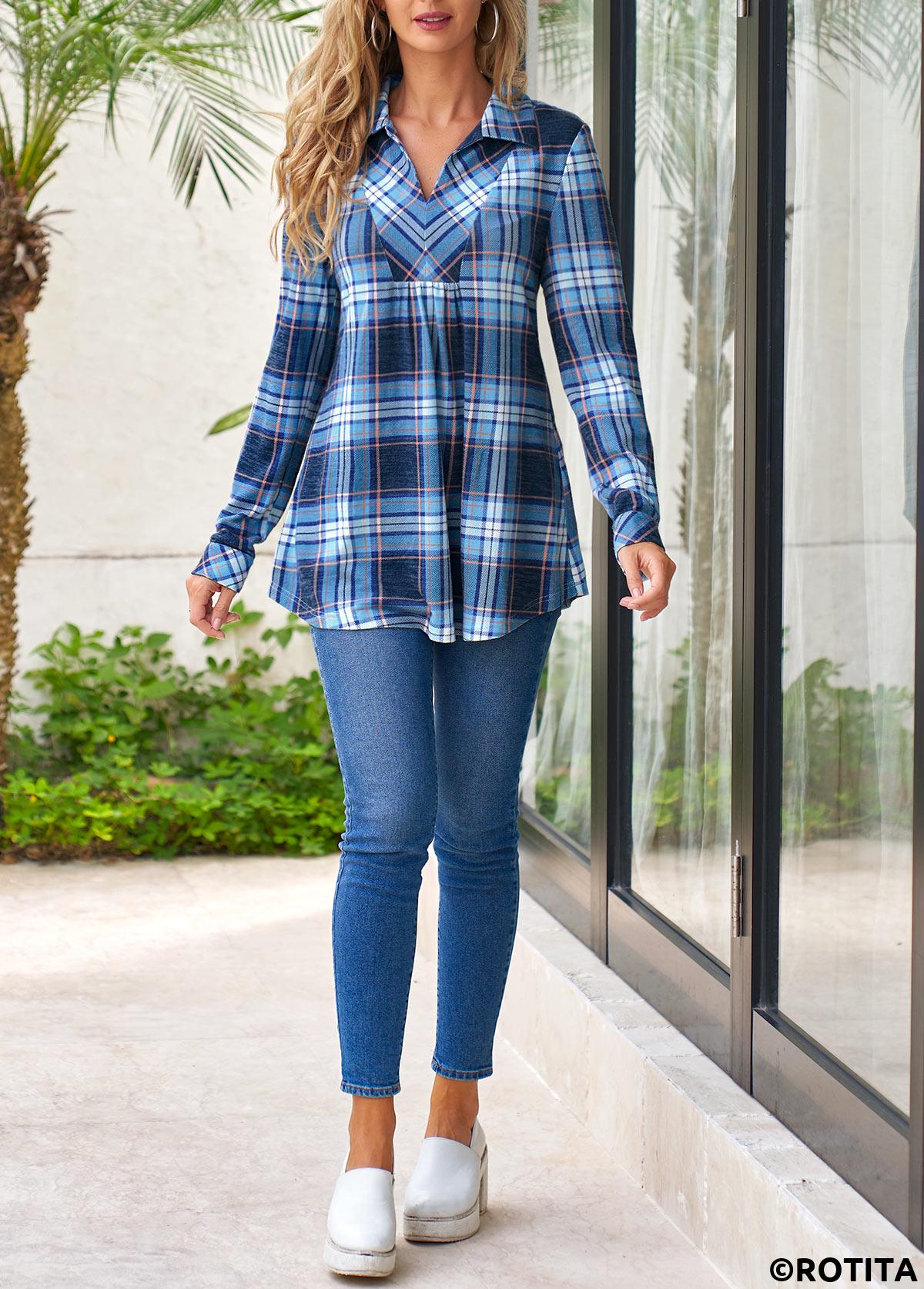 Blue tops,Plaid tops,ROTITA Ruched Plaid Blue Shirt Collar Long Sleeve Blouse