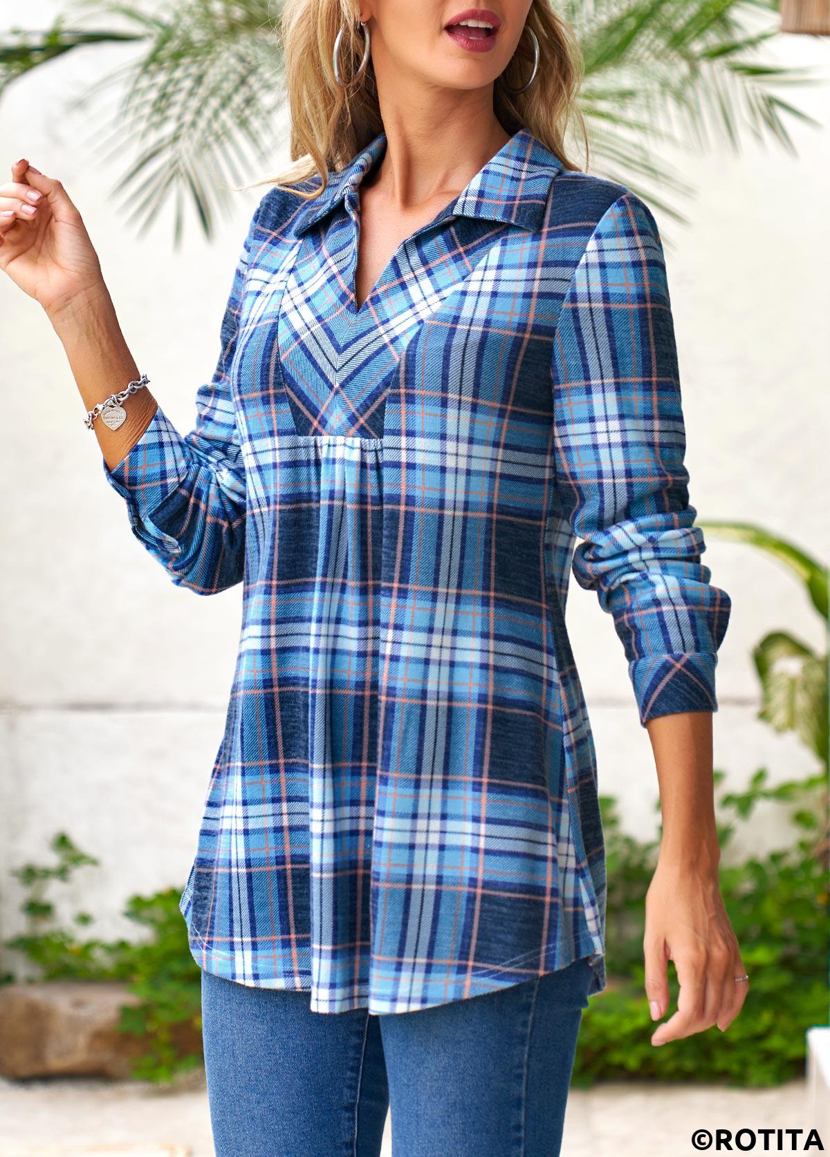 Blue tops,Plaid tops,ROTITA Ruched Plaid Blue Shirt Collar Long Sleeve Blouse