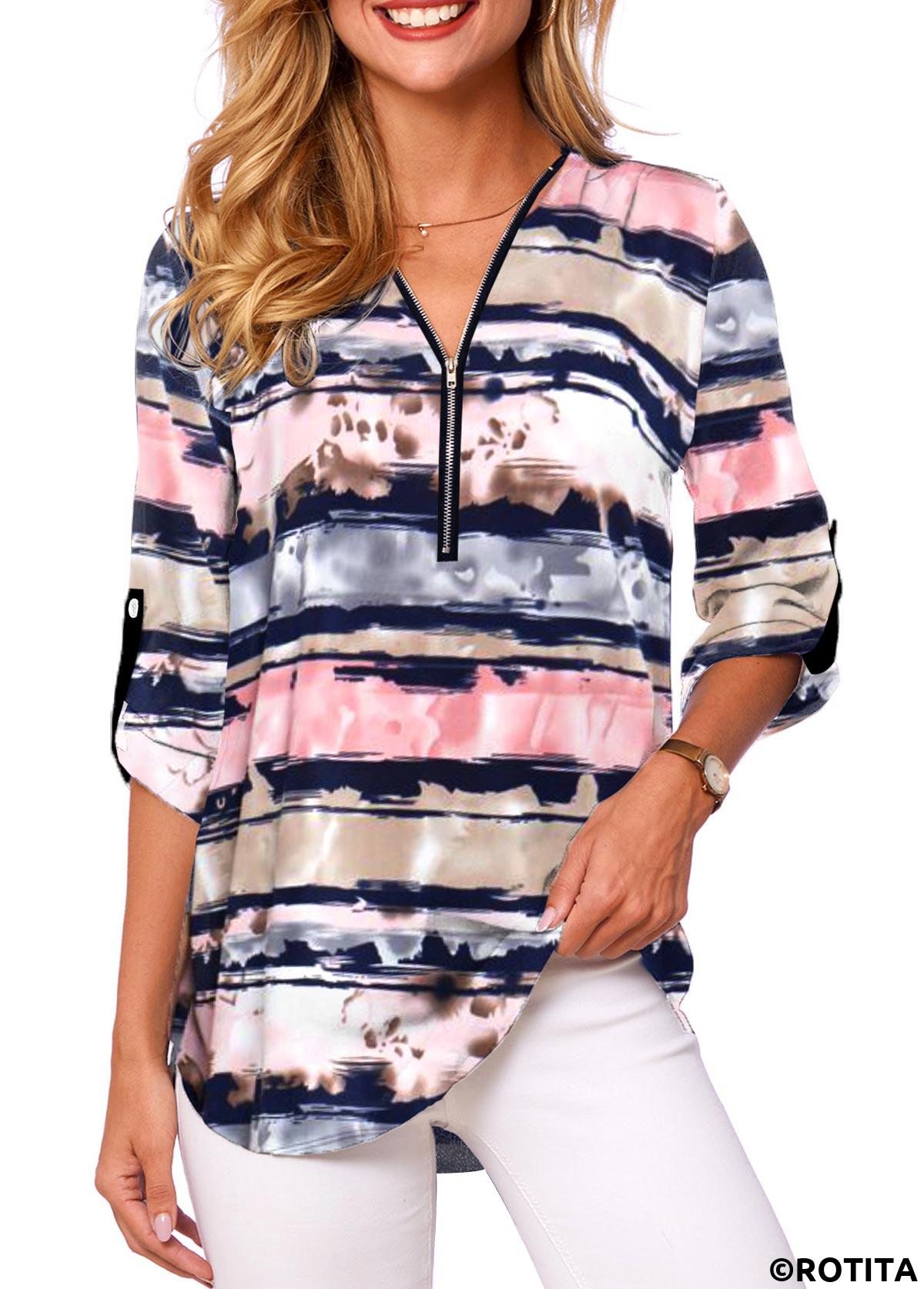 Multi Color tops,Rainbow Color tops,Striped tops,ROTITA Zipper Striped Multi Color V Neck Long Sleeve Blouse