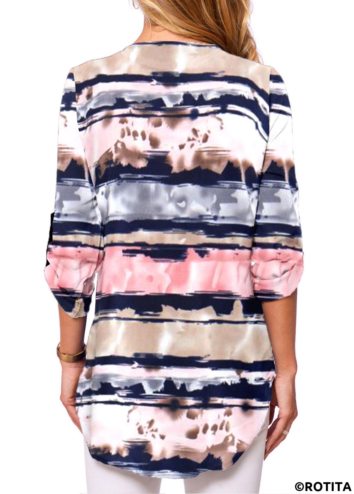Multi Color tops,Rainbow Color tops,Striped tops,ROTITA Zipper Striped Multi Color V Neck Long Sleeve Blouse