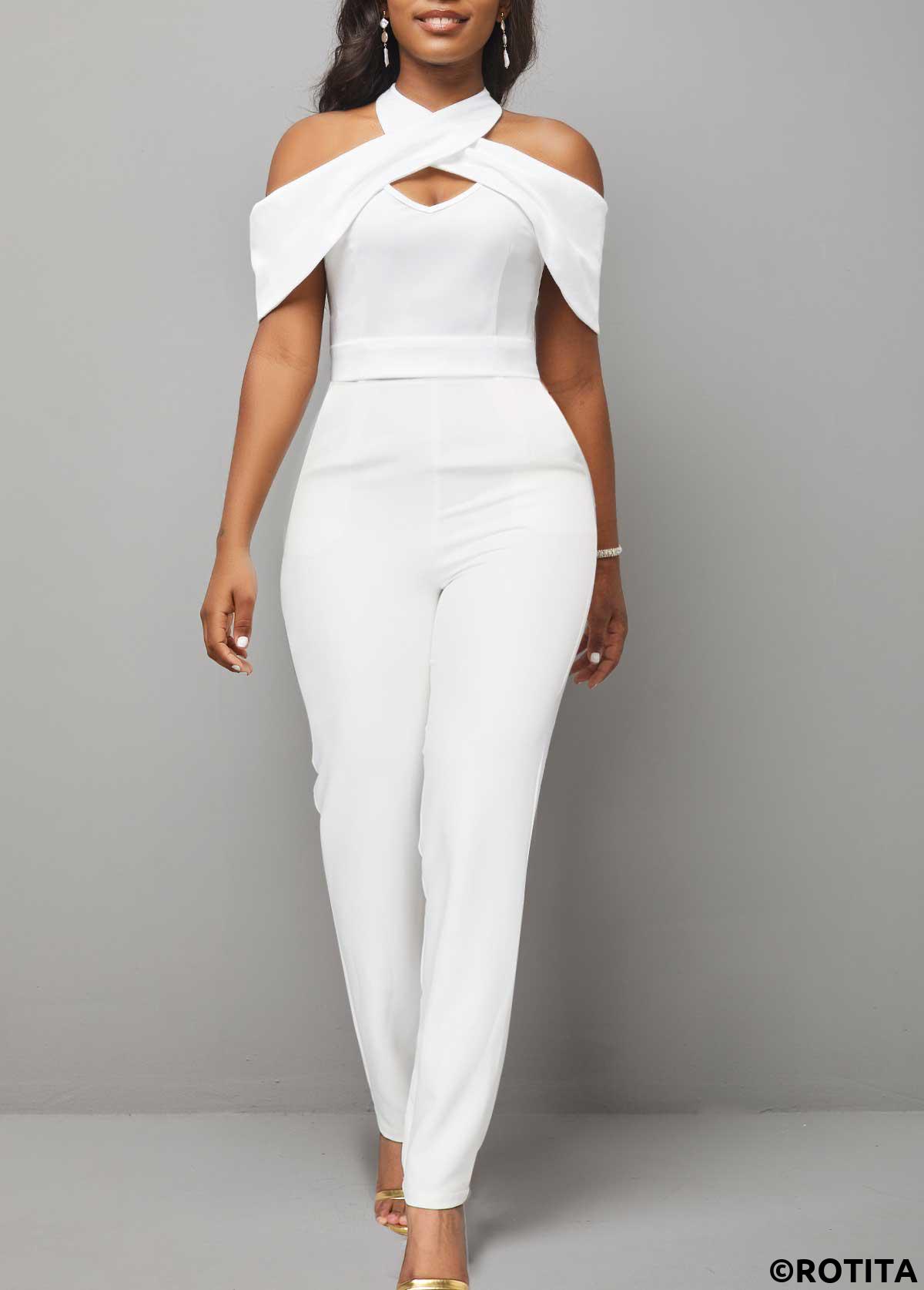White jumpsuits&rompers,Plain Color jumpsuits&rompers,ROTITA Cold Shoulder Short Sleeve White Jumpsuit