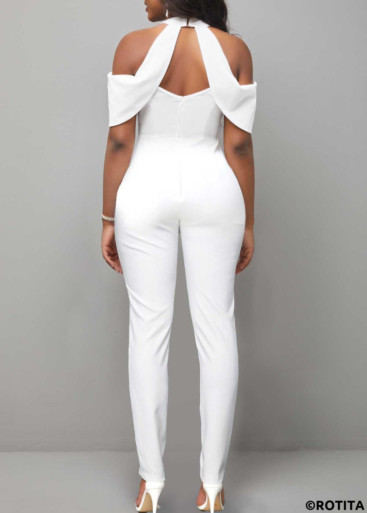 White jumpsuits&rompers,Plain Color jumpsuits&rompers,ROTITA Cold Shoulder Short Sleeve White Jumpsuit