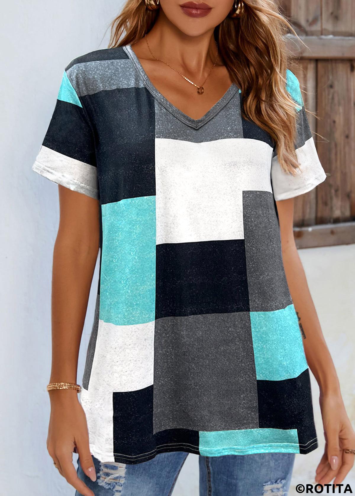 Cyan tops,Contrast Color tops,ROTITA Short Sleeve Cyan Contrast V Neck T Shirt