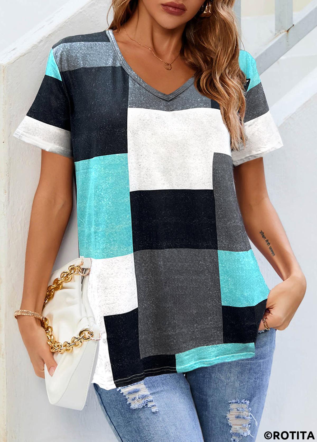 Cyan tops,Contrast Color tops,ROTITA Short Sleeve Cyan Contrast V Neck T Shirt