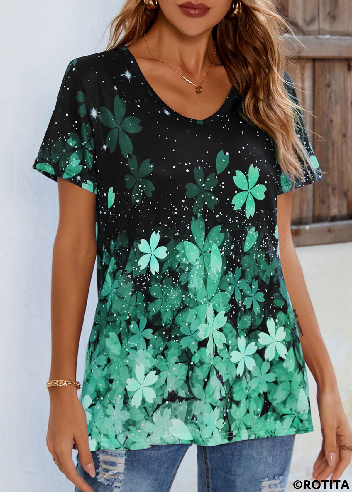 Green tops,Floral tops,ROTITA Green Floral Print Short Sleeve T Shirt