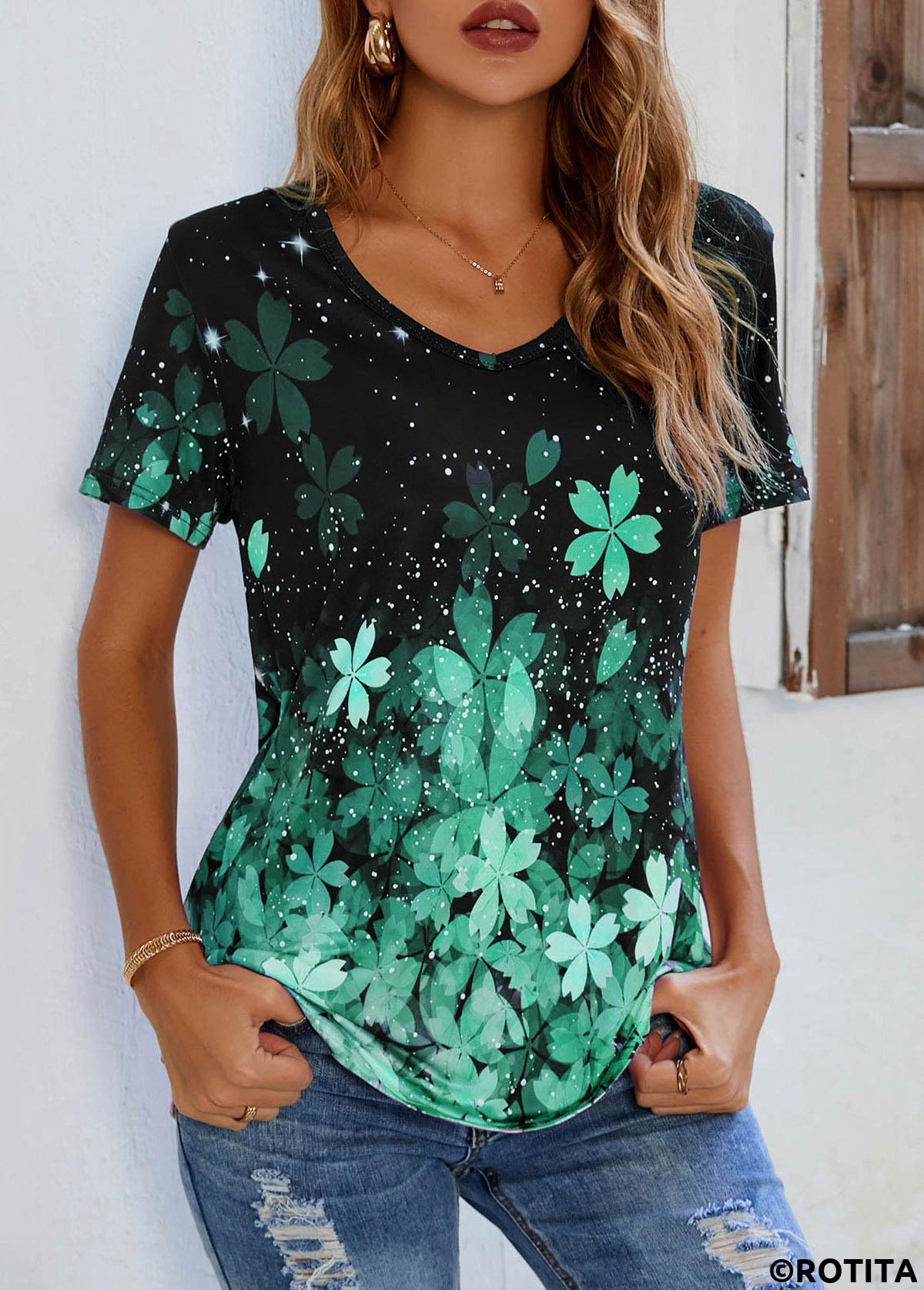 Green tops,Floral tops,ROTITA Green Floral Print Short Sleeve T Shirt