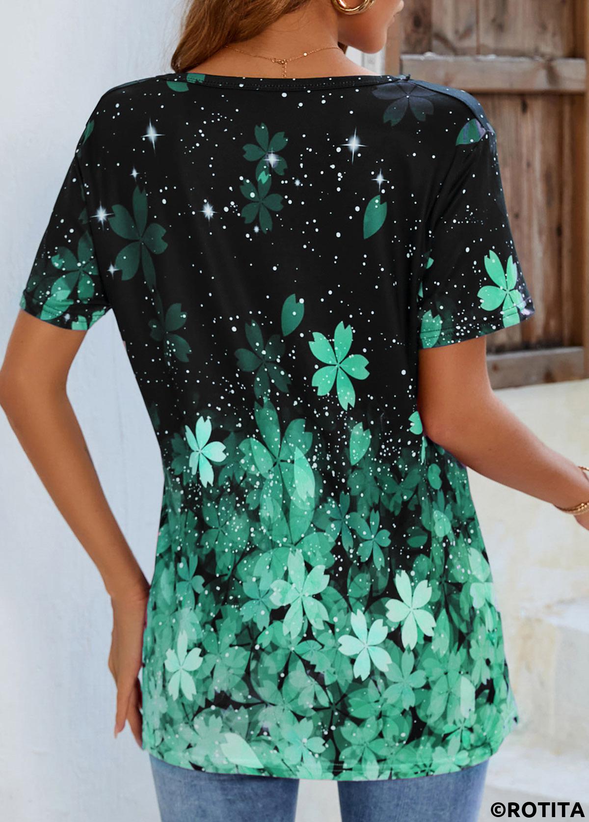 Green tops,Floral tops,ROTITA Green Floral Print Short Sleeve T Shirt