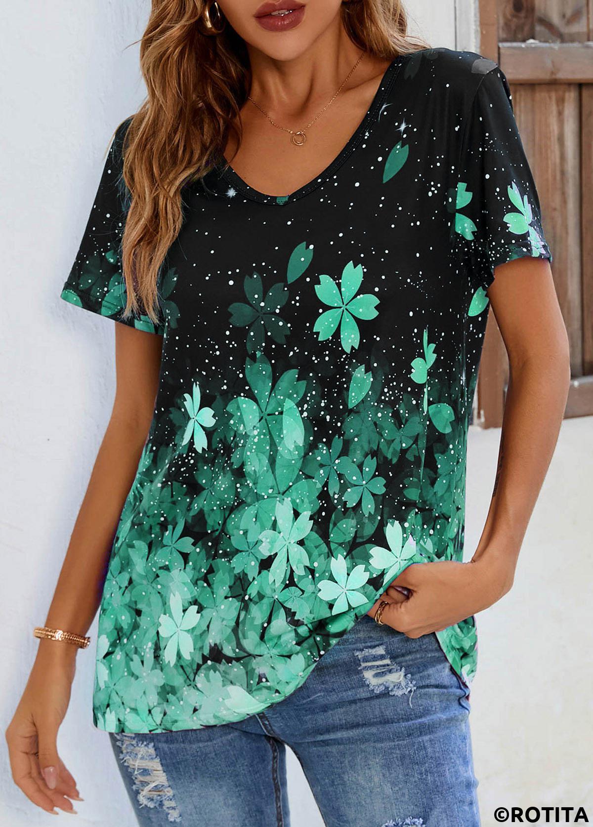 Green tops,Floral tops,ROTITA Green Floral Print Short Sleeve T Shirt