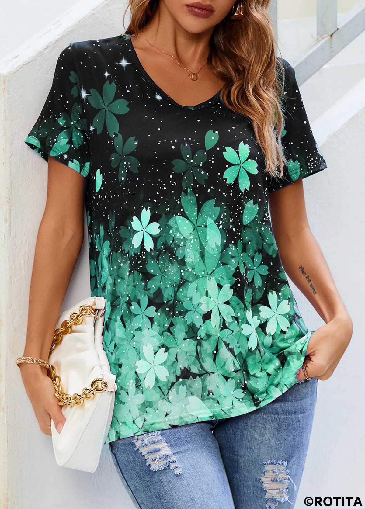 Green tops,Floral tops,ROTITA Green Floral Print Short Sleeve T Shirt