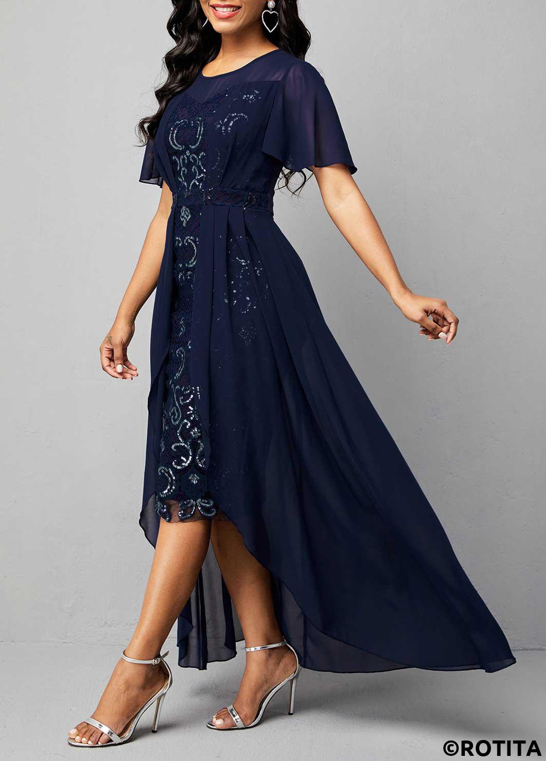Plain Color dresses,Party dresses,Elegant dresses,ROTITA Sequin Chiffon Embroidered Round Neck Dress