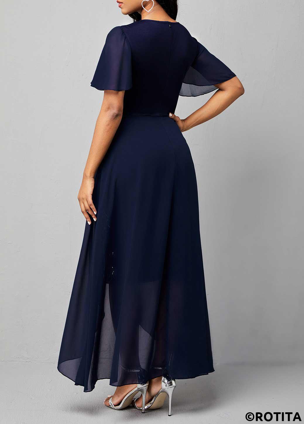 Plain Color dresses,Party dresses,Elegant dresses,ROTITA Sequin Chiffon Embroidered Round Neck Dress