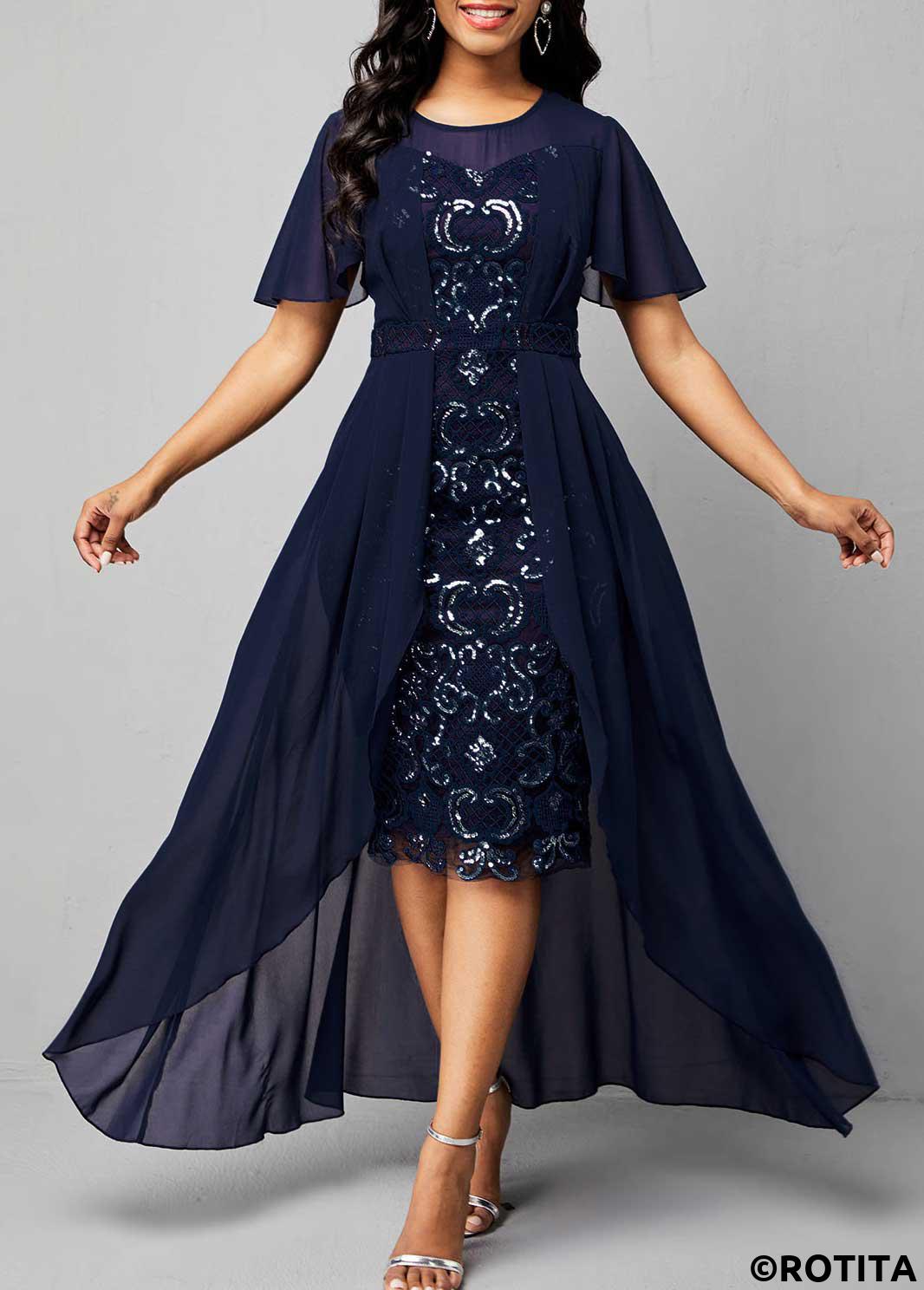 Plain Color dresses,Party dresses,Elegant dresses,ROTITA Sequin Chiffon Embroidered Round Neck Dress