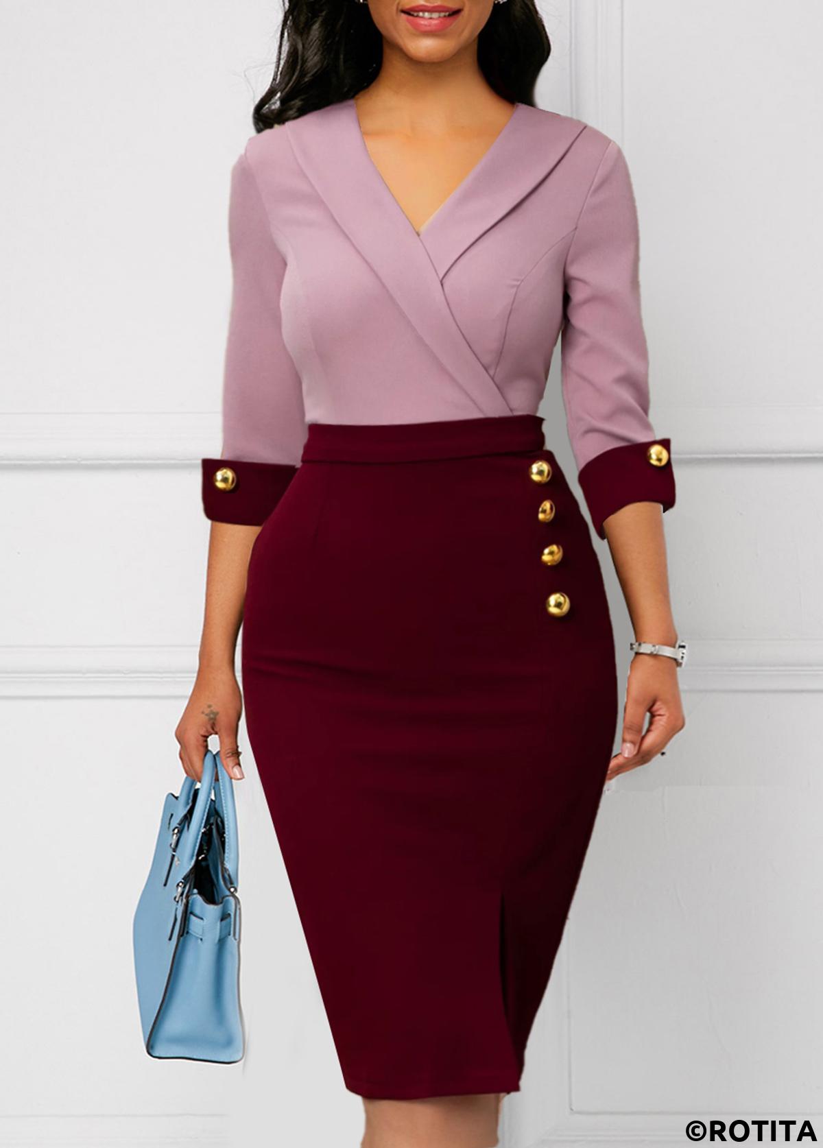 Wine Red dresses,Contrast Color dresses,Party dresses,Elegant dresses,ROTITA Decorative Button Wine Red 3/4 Sleeve Bodycon Dress