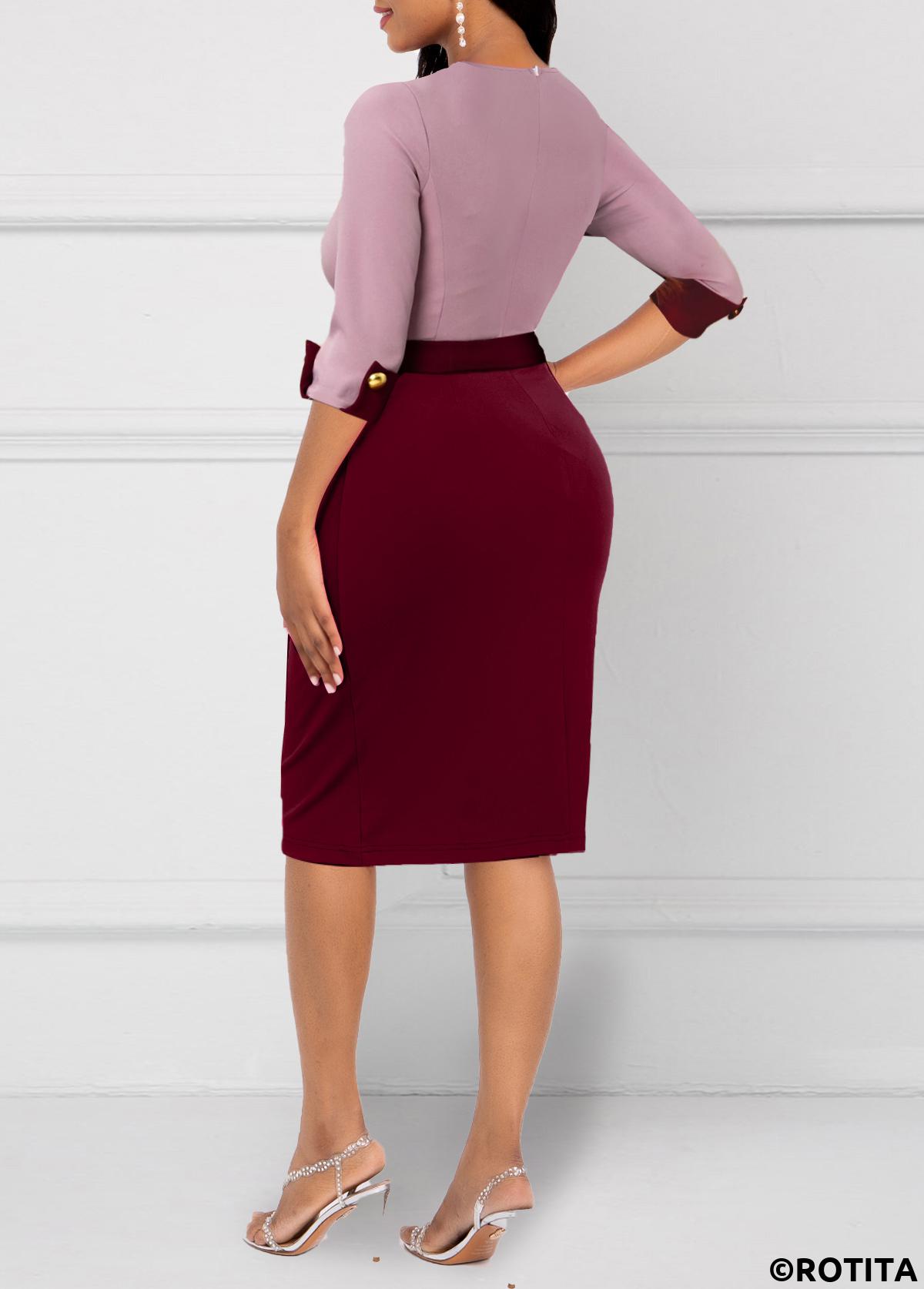 Wine Red dresses,Contrast Color dresses,Party dresses,Elegant dresses,ROTITA Decorative Button Wine Red 3/4 Sleeve Bodycon Dress