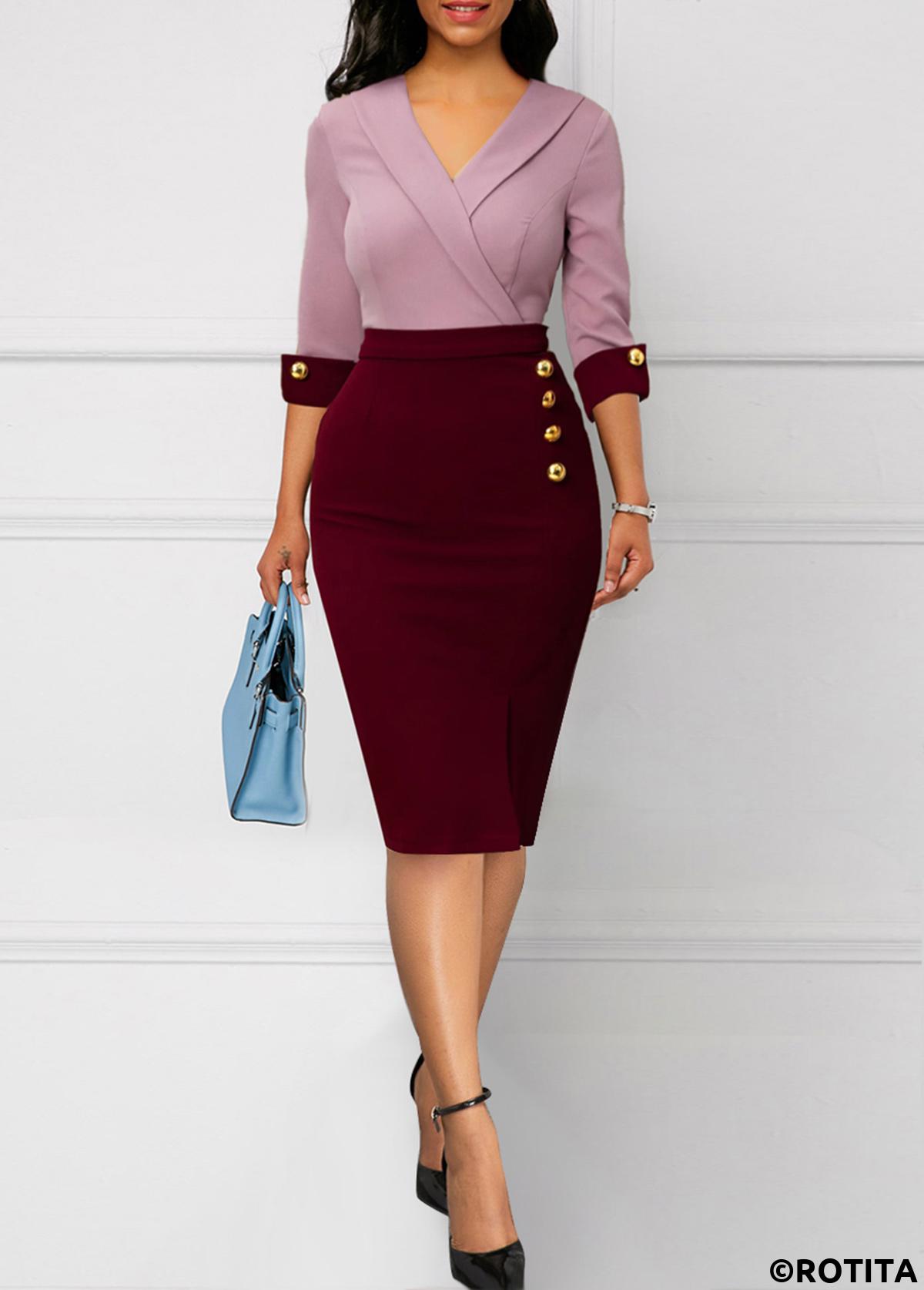 Wine Red dresses,Contrast Color dresses,Party dresses,Elegant dresses,ROTITA Decorative Button Wine Red 3/4 Sleeve Bodycon Dress