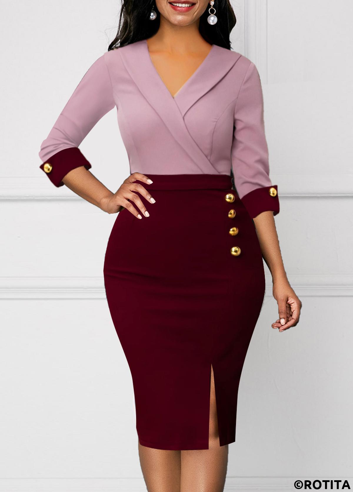 Wine Red dresses,Contrast Color dresses,Party dresses,Elegant dresses,ROTITA Decorative Button Wine Red 3/4 Sleeve Bodycon Dress