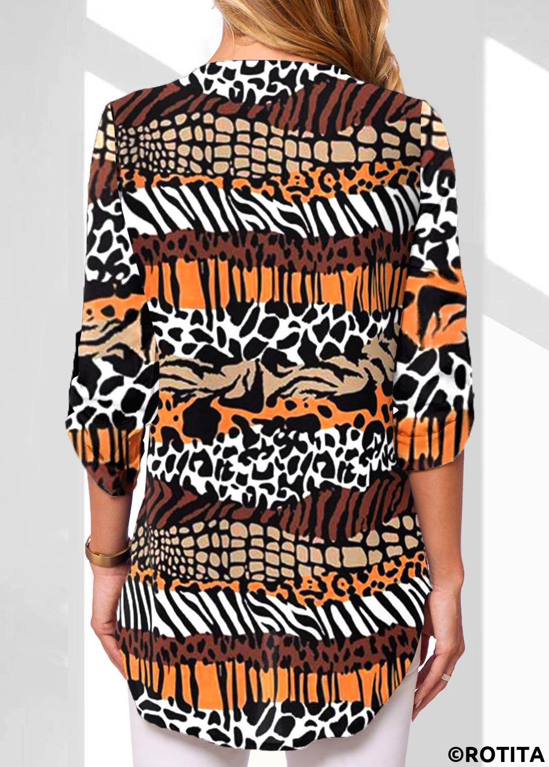 Multi Color tops,Animal Print tops,Leopard tops,ROTITA Zipper Animal Print Multi Color V Neck Blouse