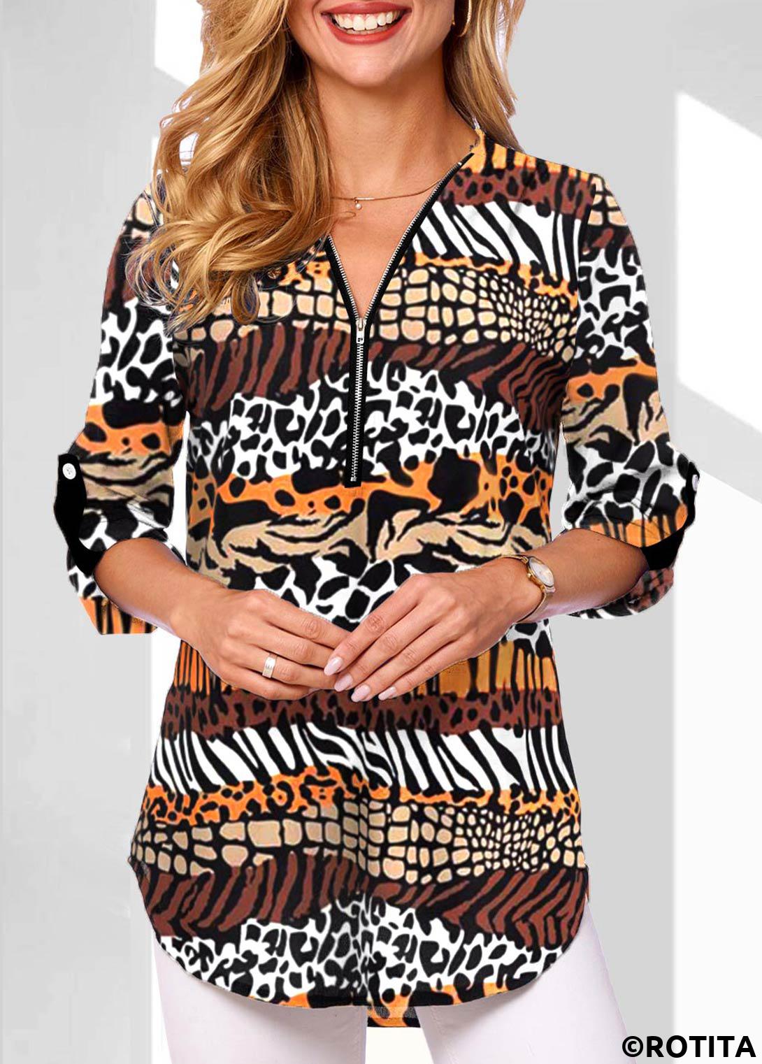 Multi Color tops,Animal Print tops,Leopard tops,ROTITA Zipper Animal Print Multi Color V Neck Blouse
