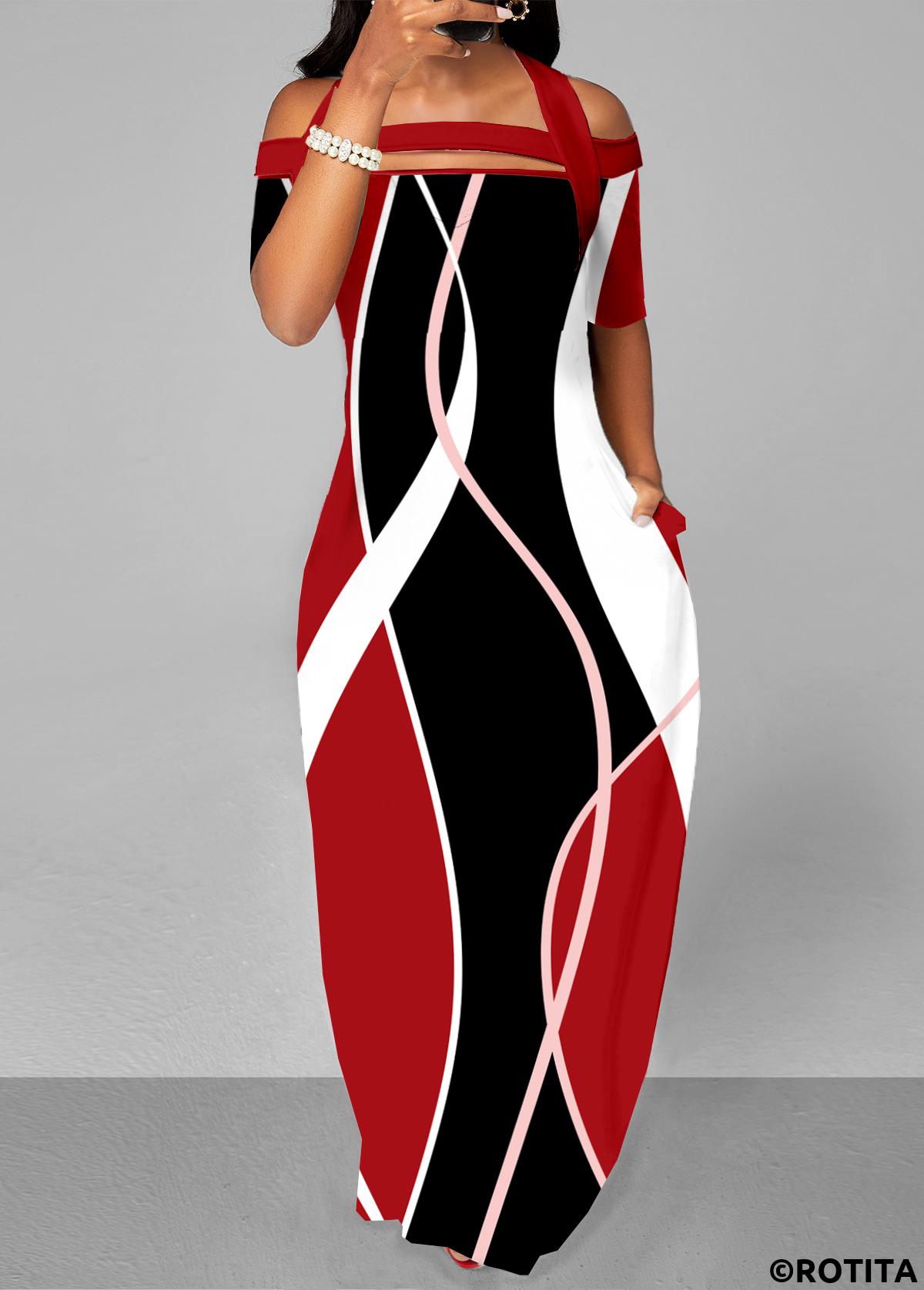 Red dresses,Geometric dresses,Vacation dresses,Vacation dresses,ROTITA Strappy Cold Shoulder Red Printed Maxi Dress