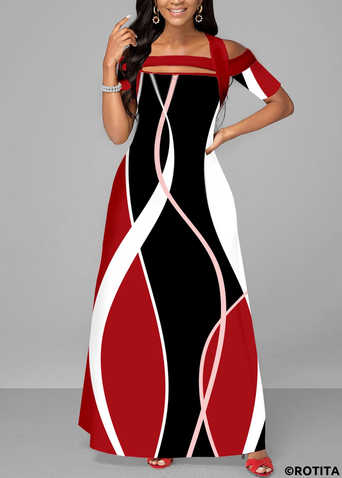 Red dresses,Geometric dresses,Vacation dresses,Vacation dresses,ROTITA Strappy Cold Shoulder Red Printed Maxi Dress