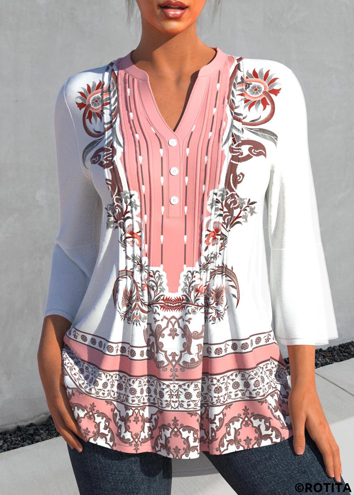 White tops,Tribal tops,ROTITA White Tribal Print Split Neck 3/4 Sleeve Blouse