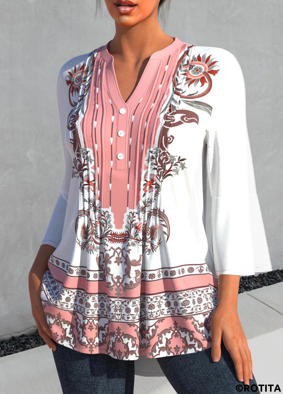 White tops,Tribal tops,ROTITA White Tribal Print Split Neck 3/4 Sleeve Blouse