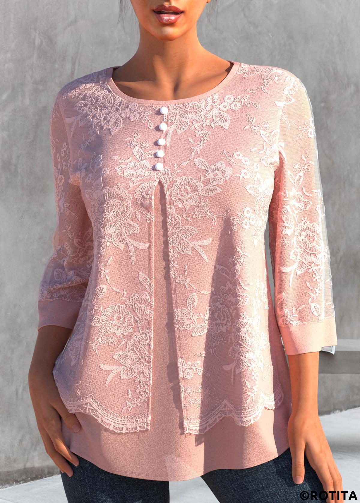 Light Pink tops,Plain Color tops,ROTITA Lace Stitching Light Pink Faux Two Piece Blouse