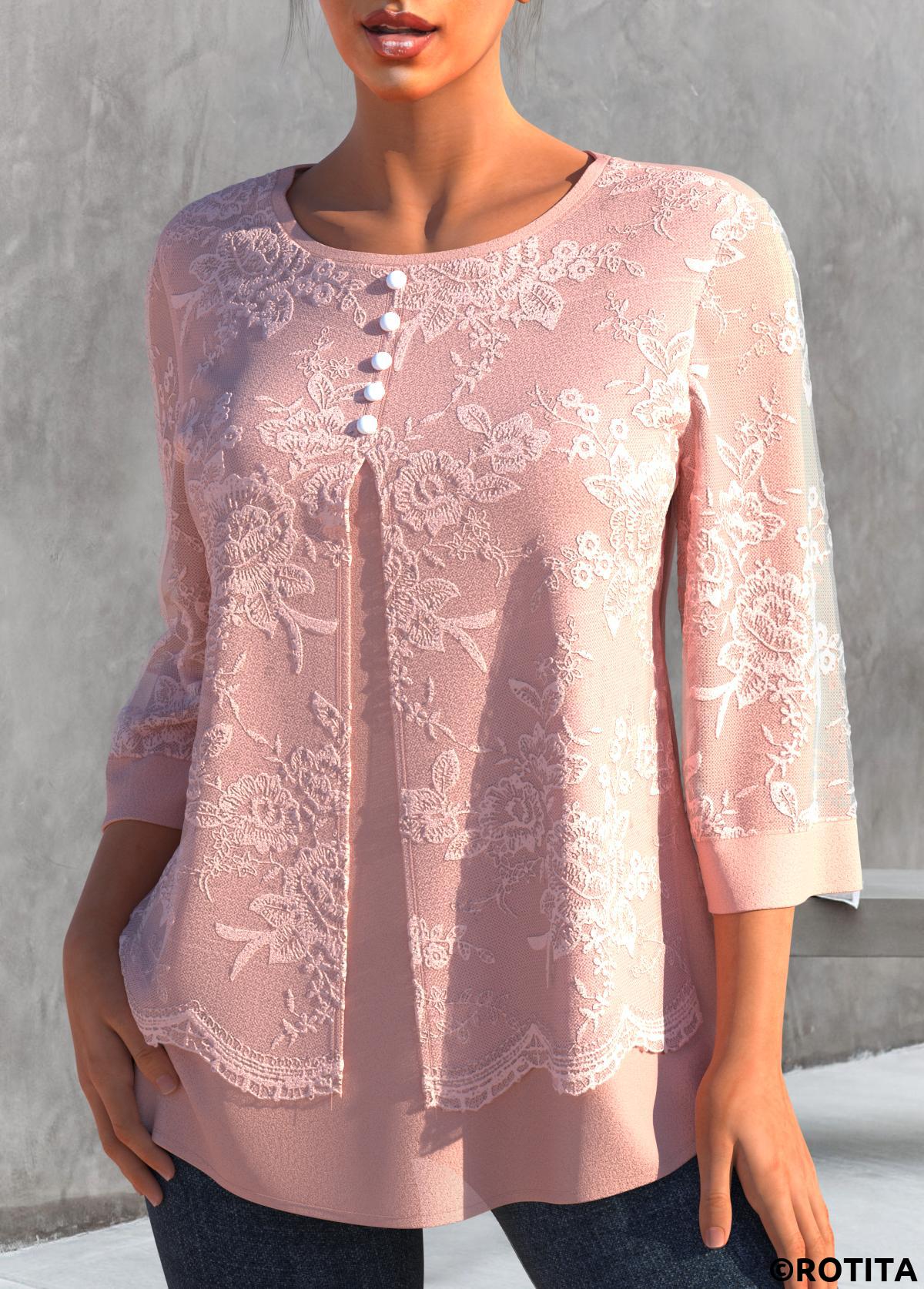 Light Pink tops,Plain Color tops,ROTITA Lace Stitching Light Pink Faux Two Piece Blouse