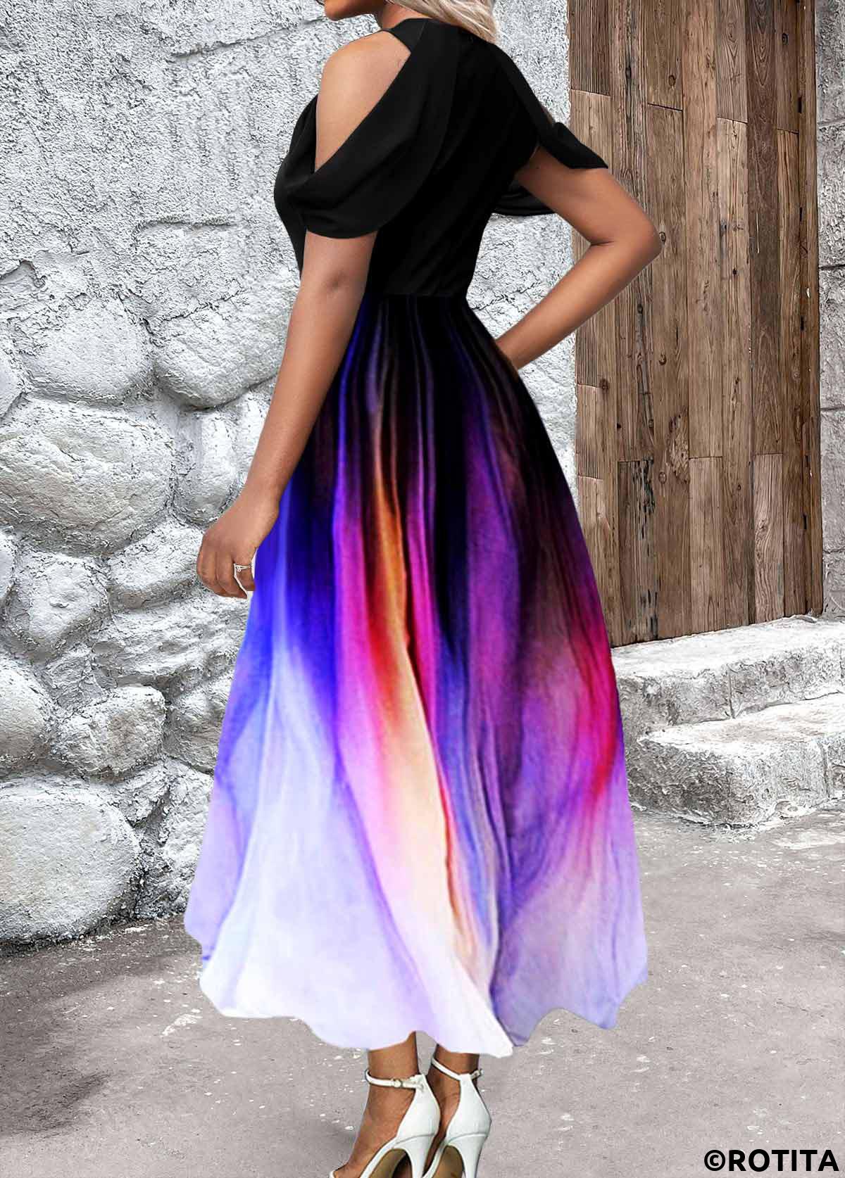 Black dresses,Ombre dresses,Party dresses,Elegant dresses,ROTITA Cold Shoulder Short Sleeve Black Dress