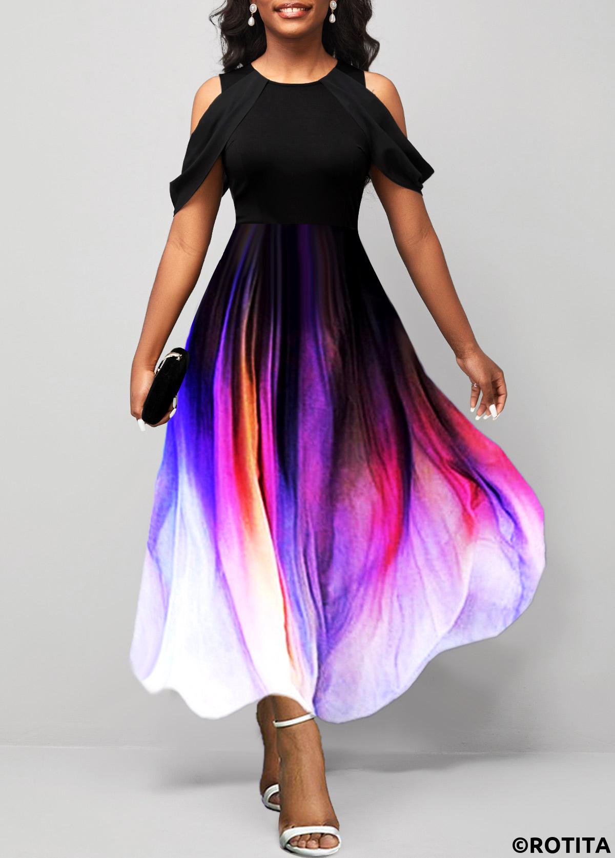 Black dresses,Ombre dresses,Party dresses,Elegant dresses,ROTITA Cold Shoulder Short Sleeve Black Dress