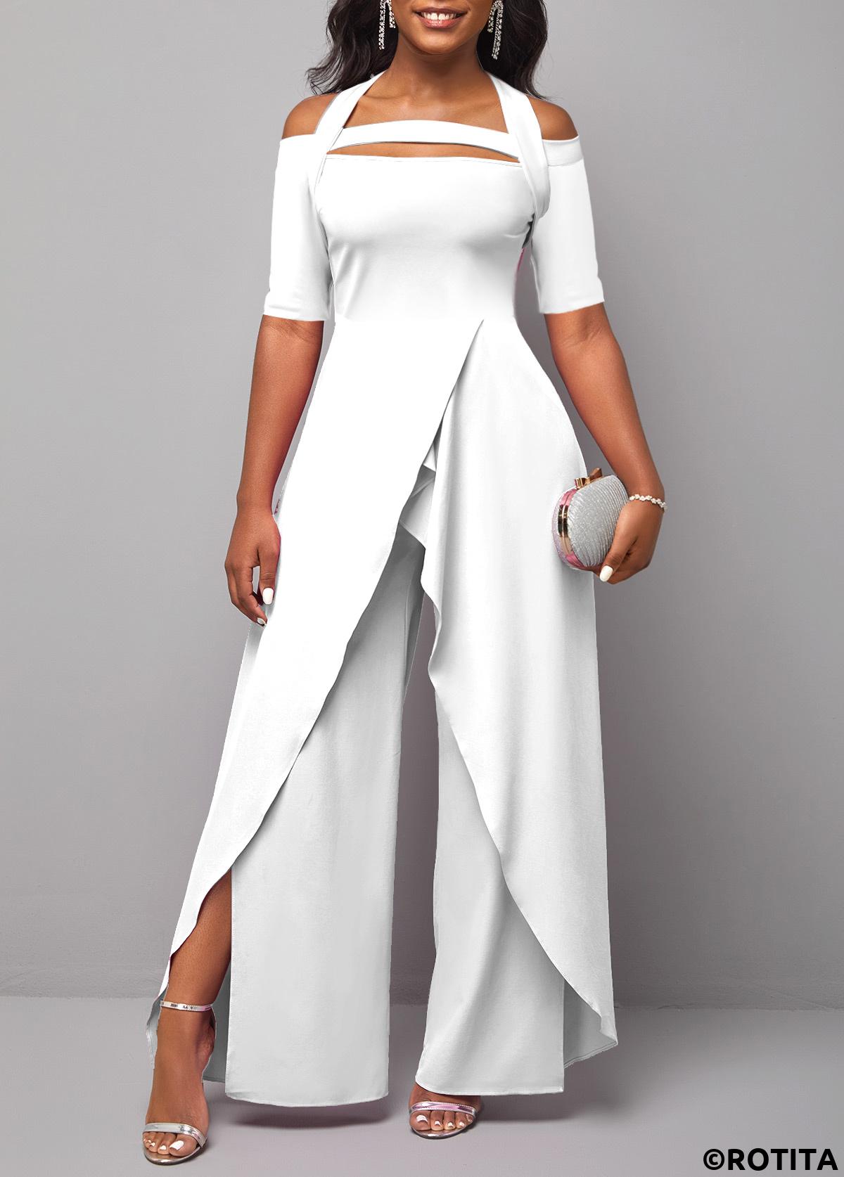 White jumpsuits&rompers,Plain Color jumpsuits&rompers,ROTITA Cold Shoulder Short Sleeve White Jumpsuit