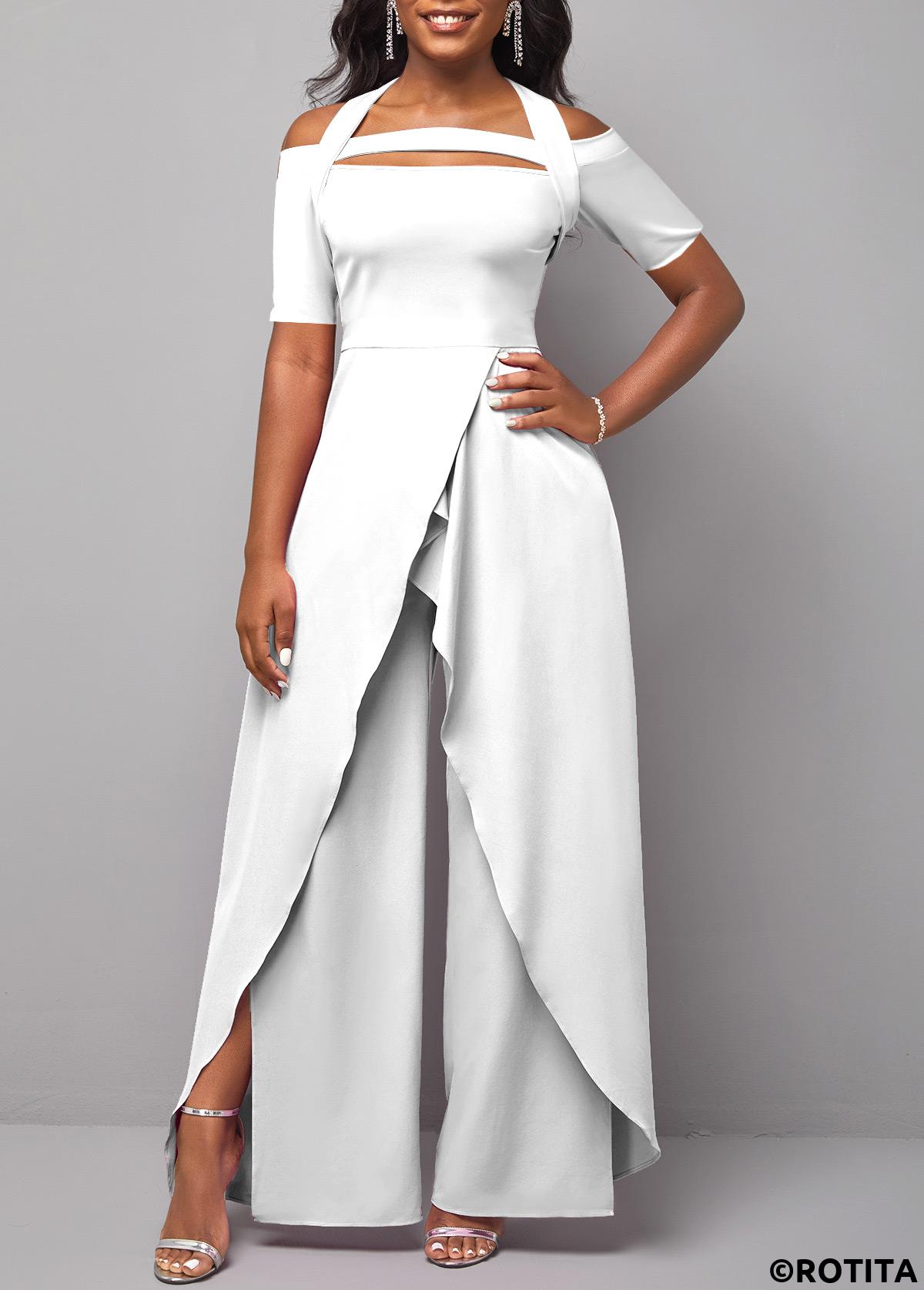 White jumpsuits&rompers,Plain Color jumpsuits&rompers,ROTITA Cold Shoulder Short Sleeve White Jumpsuit