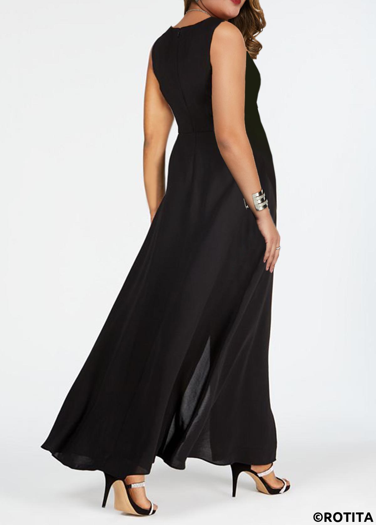 Black plus size,White plus size,Plain Color plus size,ROTITA Plus Size Patchwork Black Round Neck Sleeveless Jumpsuit