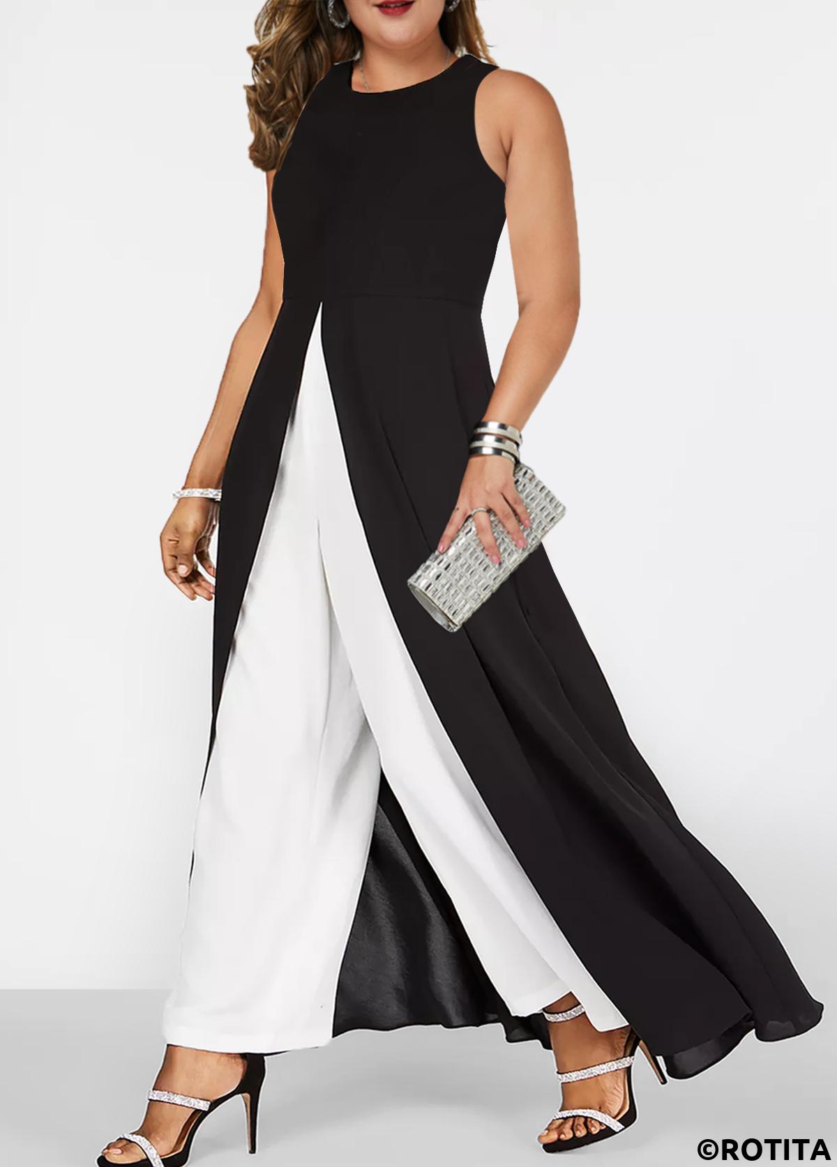 Black plus size,White plus size,Plain Color plus size,ROTITA Plus Size Patchwork Black Round Neck Sleeveless Jumpsuit