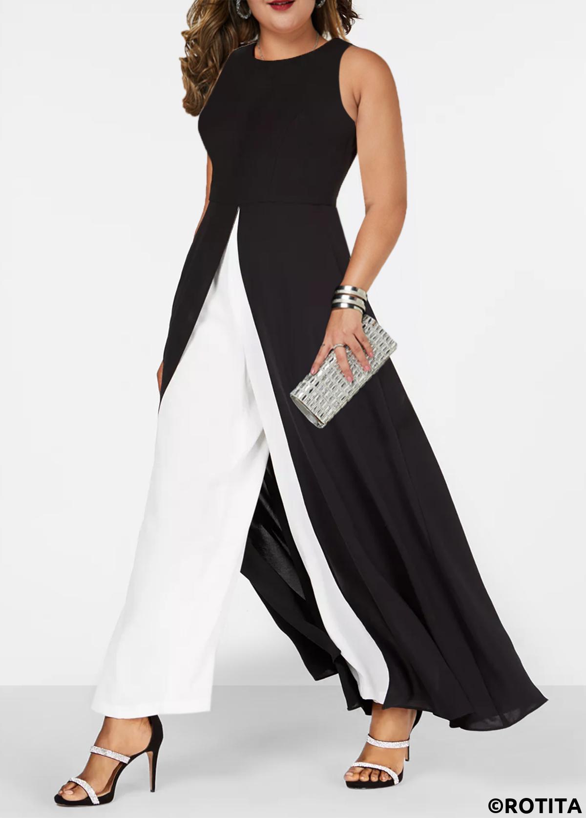 Black plus size,White plus size,Plain Color plus size,ROTITA Plus Size Patchwork Black Round Neck Sleeveless Jumpsuit