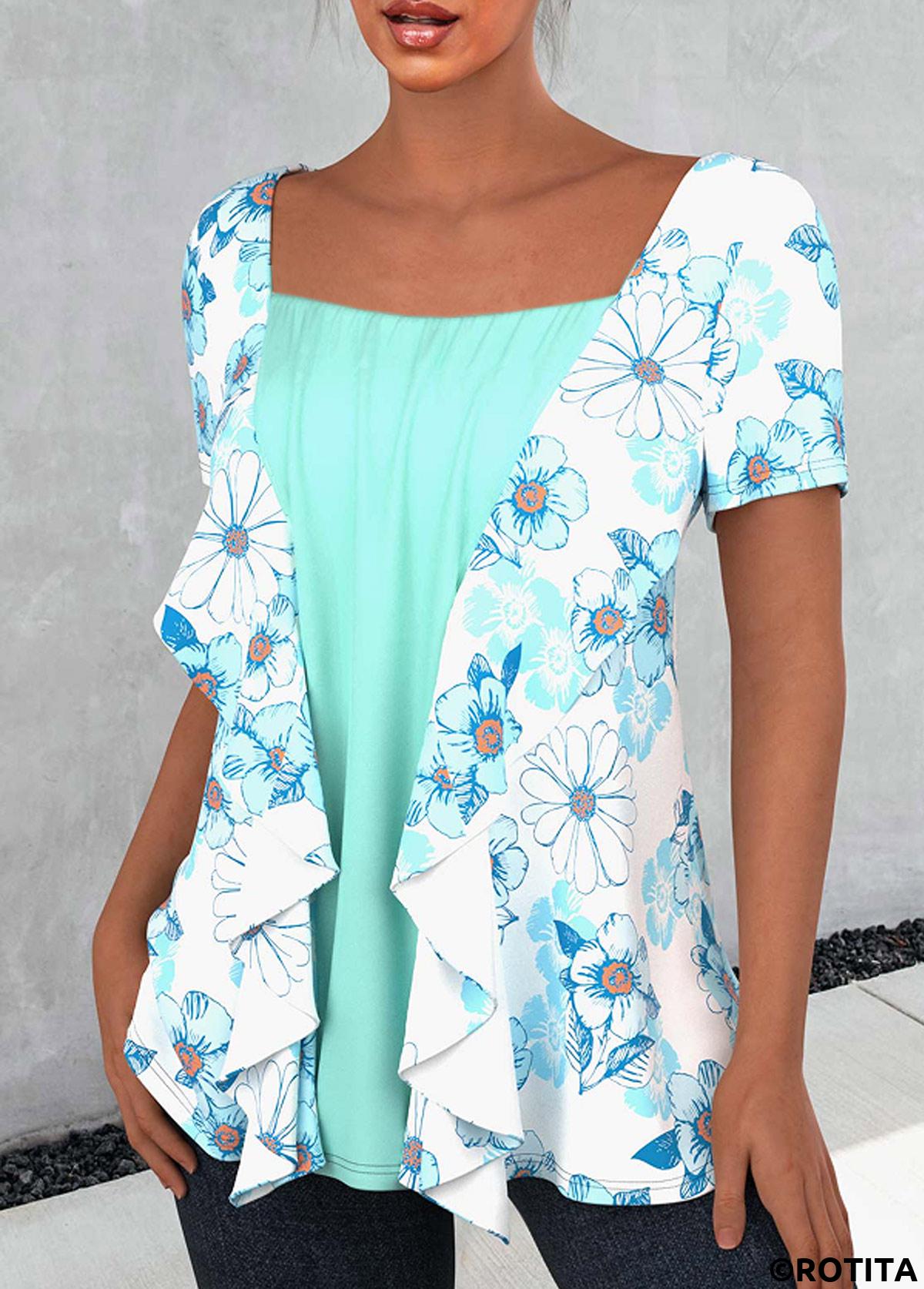 ROTITA T-shirt à volants vert menthe à imprimé floral
