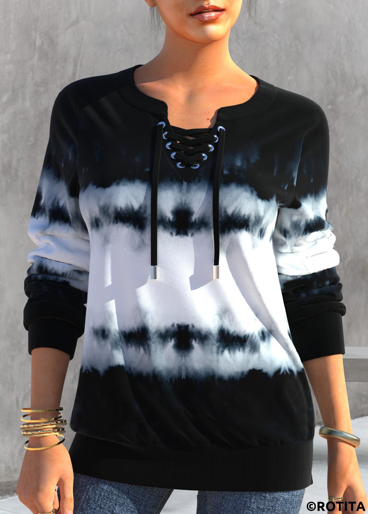 Black tops,Tie Dye tops,ROTITA Black Split Neck Tie Dye Print Sweatshirt