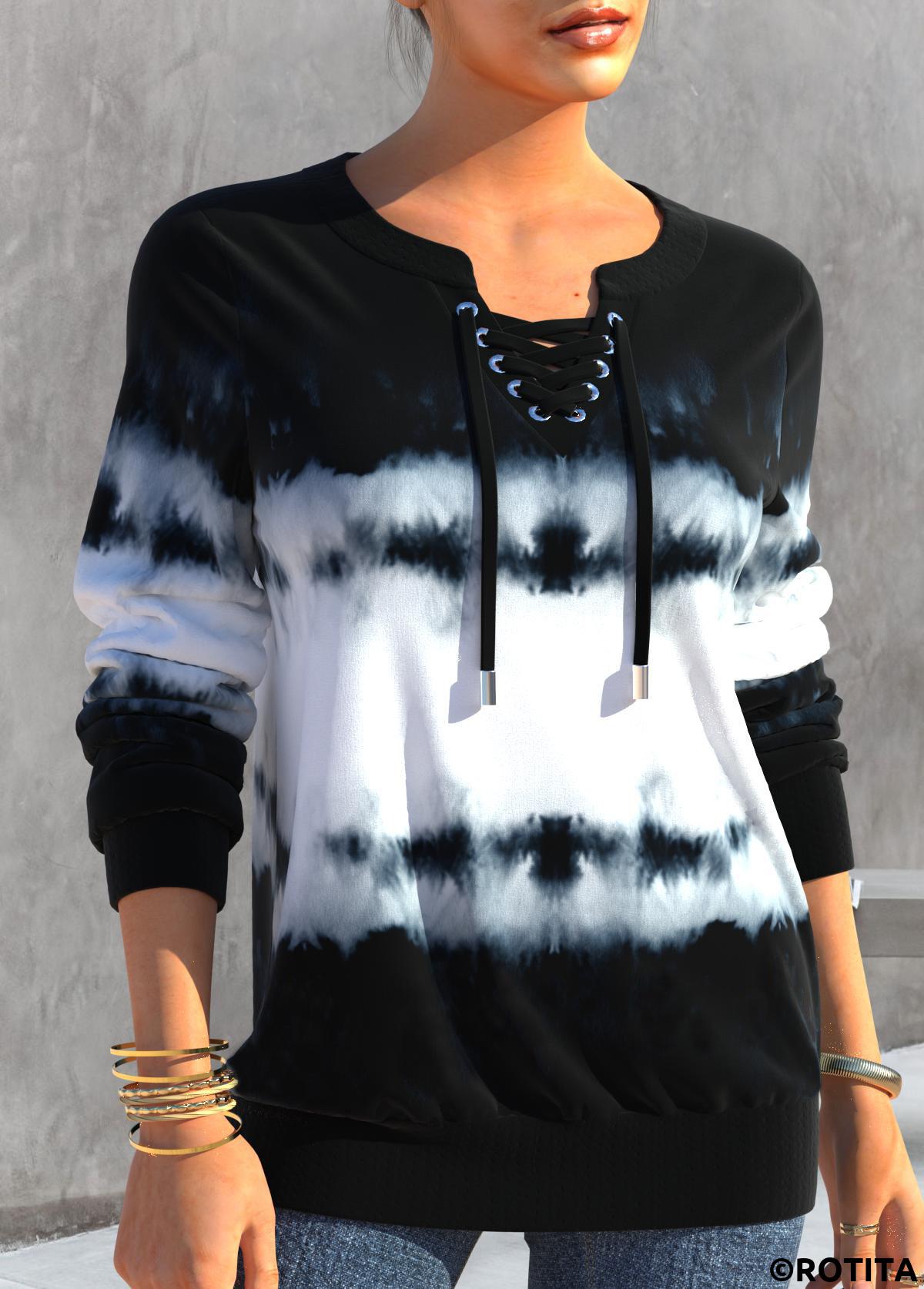 Black tops,Tie Dye tops,ROTITA Black Split Neck Tie Dye Print Sweatshirt