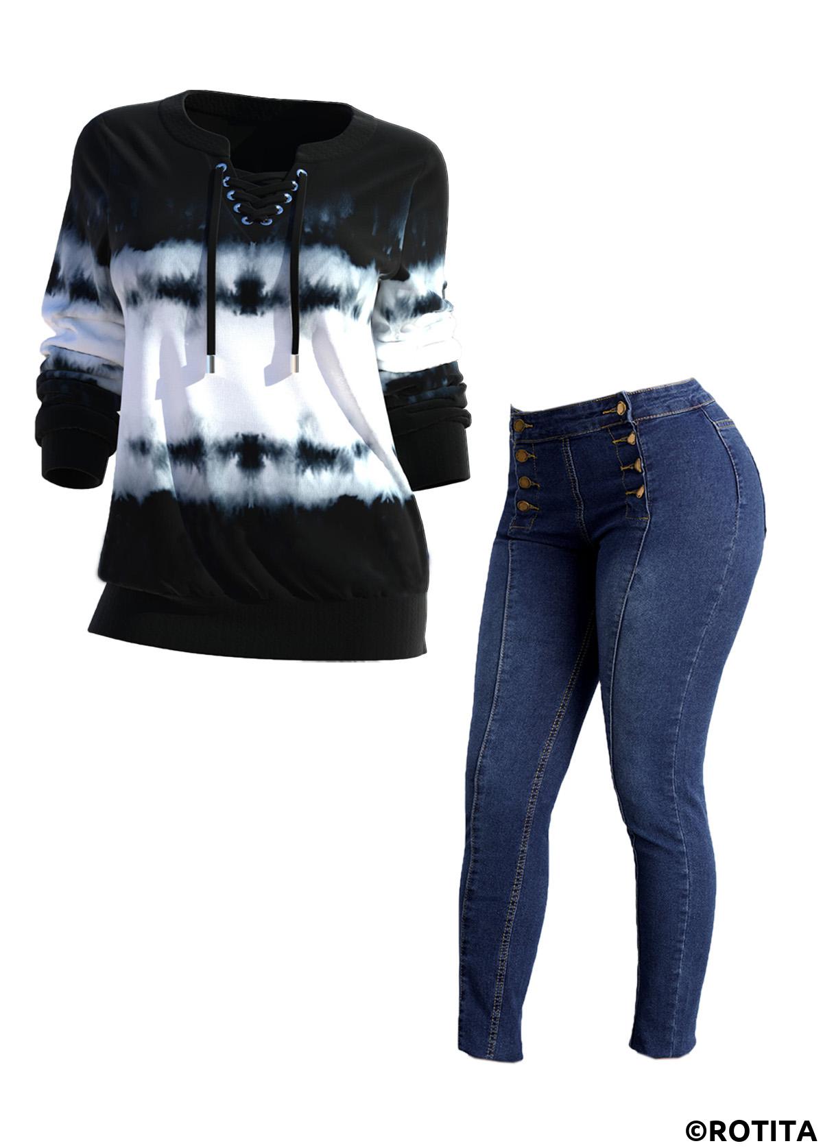 Black tops,Tie Dye tops,ROTITA Black Split Neck Tie Dye Print Sweatshirt