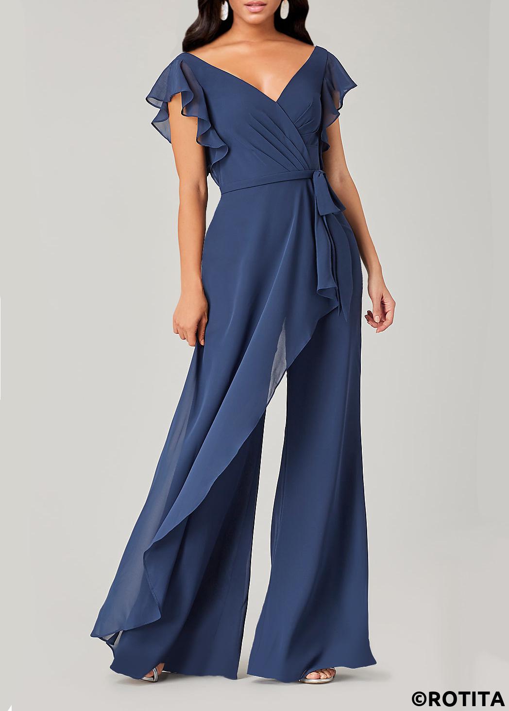Blue jumpsuits&rompers,Plain Color jumpsuits&rompers,ROTITA Blue V Neck Short Sleeve Jumpsuit