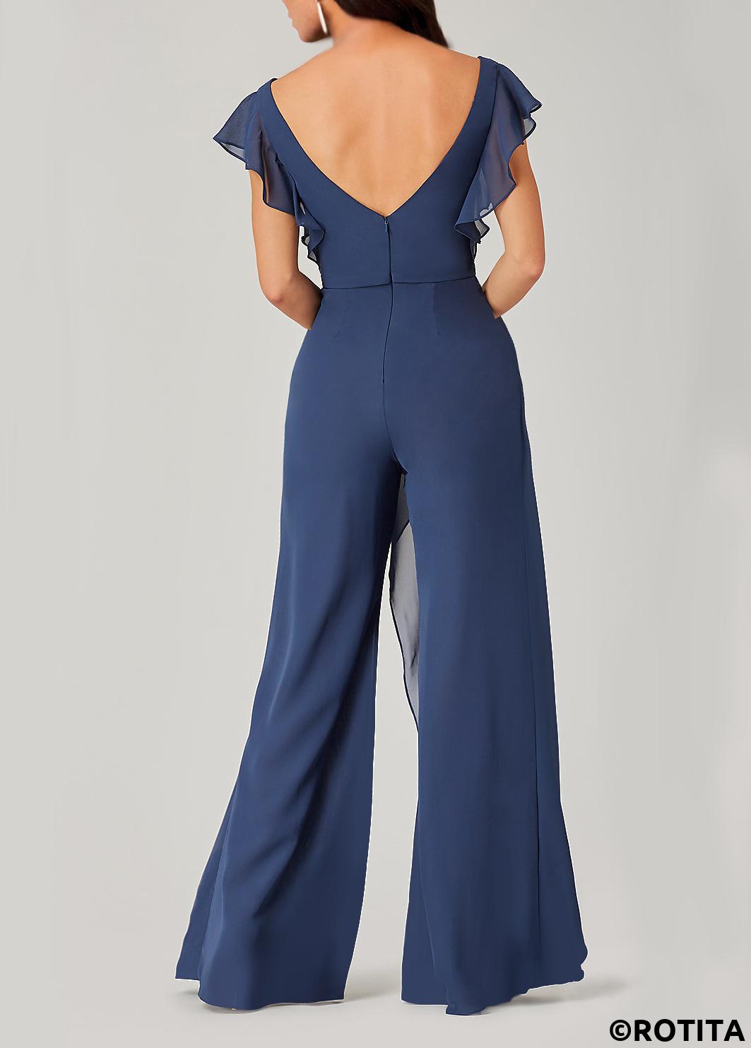 Blue jumpsuits&rompers,Plain Color jumpsuits&rompers,ROTITA Blue V Neck Short Sleeve Jumpsuit