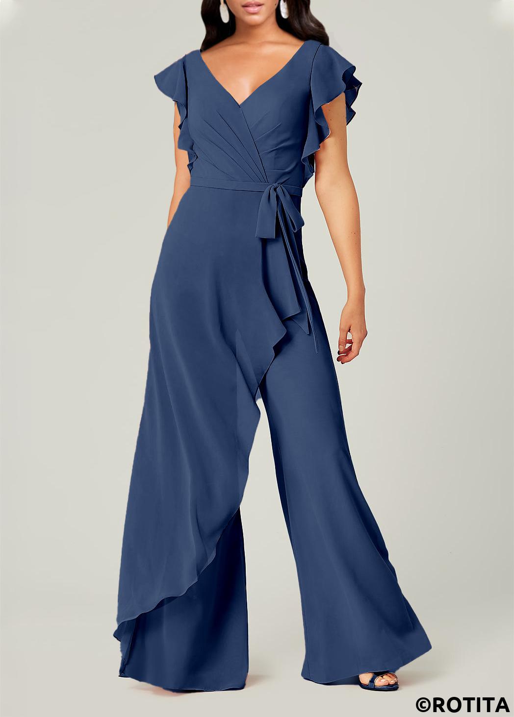 Blue jumpsuits&rompers,Plain Color jumpsuits&rompers,ROTITA Blue V Neck Short Sleeve Jumpsuit