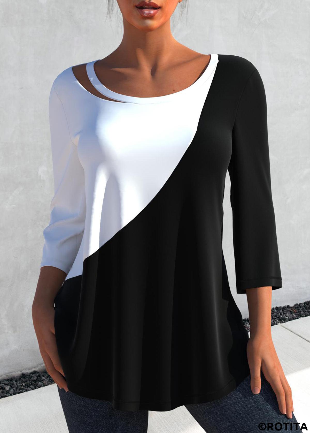 Black tops,Contrast Color tops,ROTITA Contrast 3/4 Sleeve Round Neck Black T Shirt
