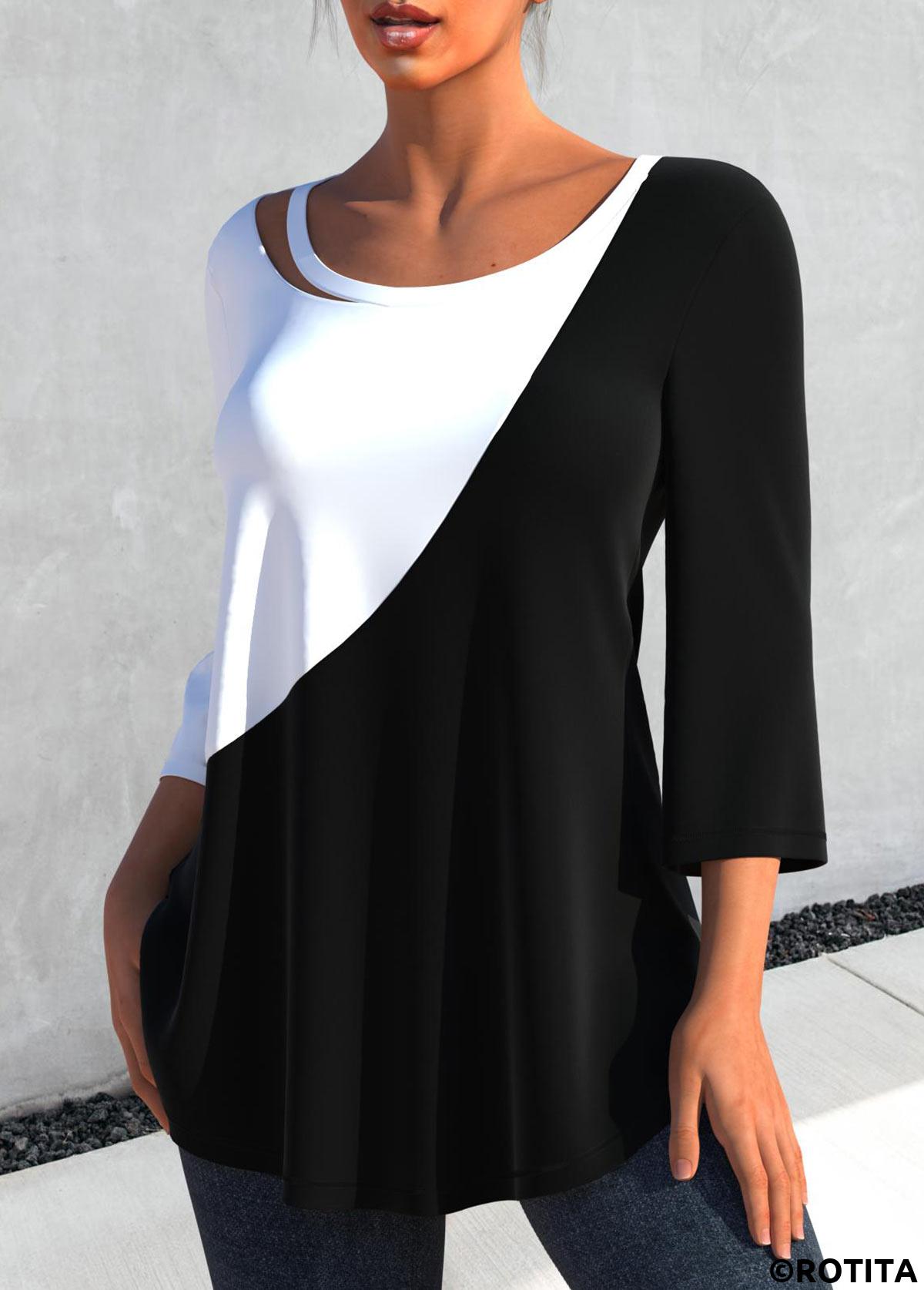 Black tops,Contrast Color tops,ROTITA Contrast 3/4 Sleeve Round Neck Black T Shirt